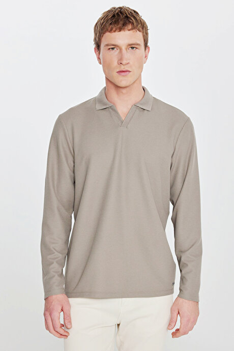Slim Fit Dar Kesim Polo Yaka Jakarlı Esnek Haki Uzun Kollu Tişört resmi