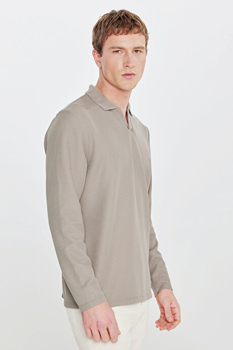Slim Fit Dar Kesim Polo Yaka Jakarlı Esnek Haki Uzun Kollu Tişört resmi