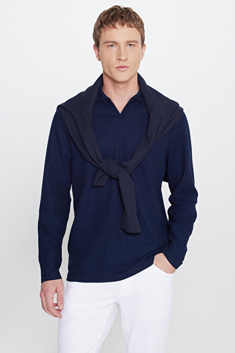 Slim Fit Dar Kesim Polo Yaka Jakarlı Esnek Lacivert Uzun Kollu Tişört resmi