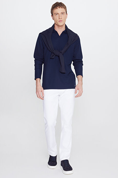 Slim Fit Dar Kesim Polo Yaka Jakarlı Esnek Lacivert Uzun Kollu Tişört resmi