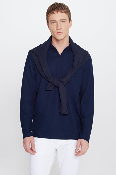 Slim Fit Dar Kesim Polo Yaka Jakarlı Esnek Lacivert Uzun Kollu Tişört resmi