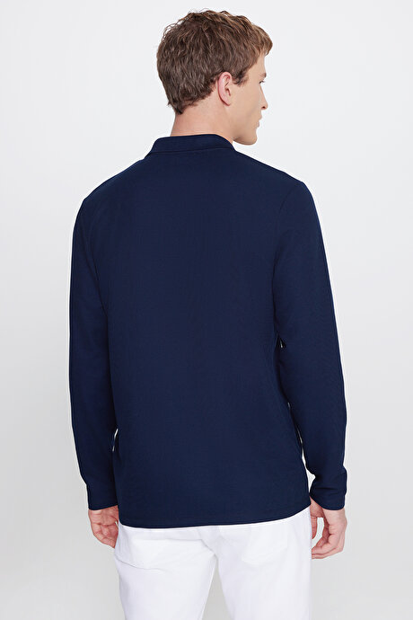 Slim Fit Dar Kesim Polo Yaka Jakarlı Esnek Lacivert Uzun Kollu Tişört resmi