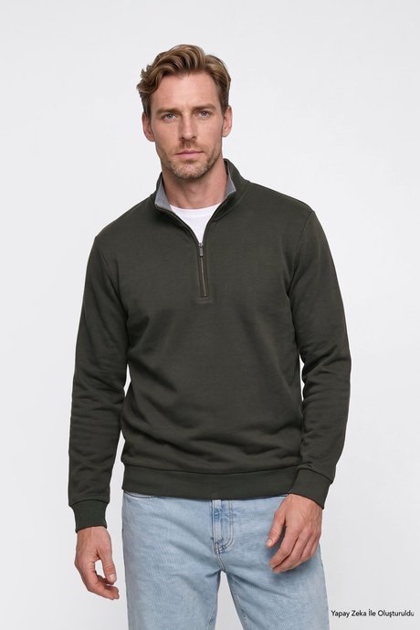 Pamuklu Standart Fit Normal Kesim Bato Yaka Uzun Kollu Koyu Yeşil Sweatshirt resmi