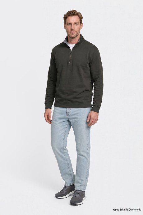 Pamuklu Standart Fit Normal Kesim Bato Yaka Uzun Kollu Koyu Yeşil Sweatshirt resmi