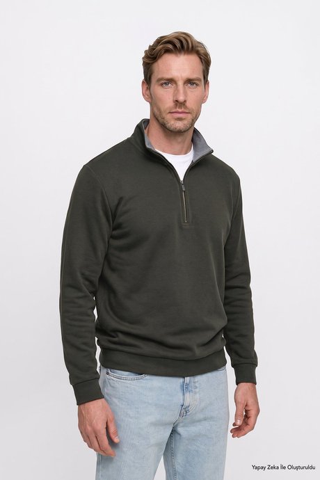 Pamuklu Standart Fit Normal Kesim Bato Yaka Uzun Kollu Koyu Yeşil Sweatshirt resmi