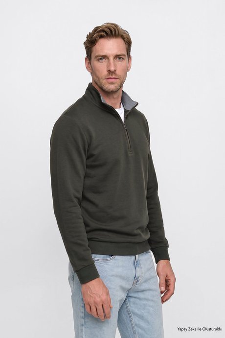 Pamuklu Standart Fit Normal Kesim Bato Yaka Uzun Kollu Koyu Yeşil Sweatshirt resmi