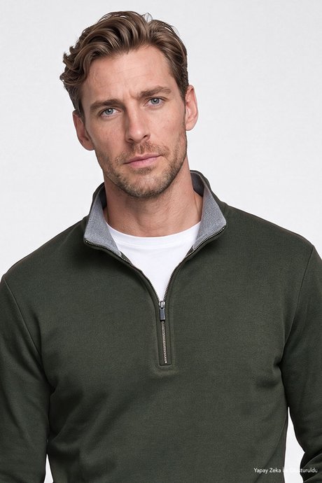 Pamuklu Standart Fit Normal Kesim Bato Yaka Uzun Kollu Koyu Yeşil Sweatshirt resmi