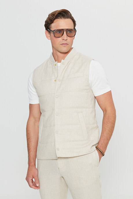 Keten Standart Fit Normal Kesim Dik Yaka Yan Cepli İnce Dolgulu Casual Bej Yelek resmi