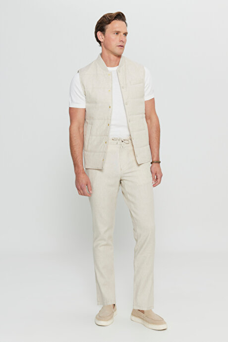 Keten Standart Fit Normal Kesim Dik Yaka Yan Cepli İnce Dolgulu Casual Bej Yelek resmi