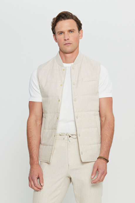 Keten Standart Fit Normal Kesim Dik Yaka Yan Cepli İnce Dolgulu Casual Bej Yelek resmi