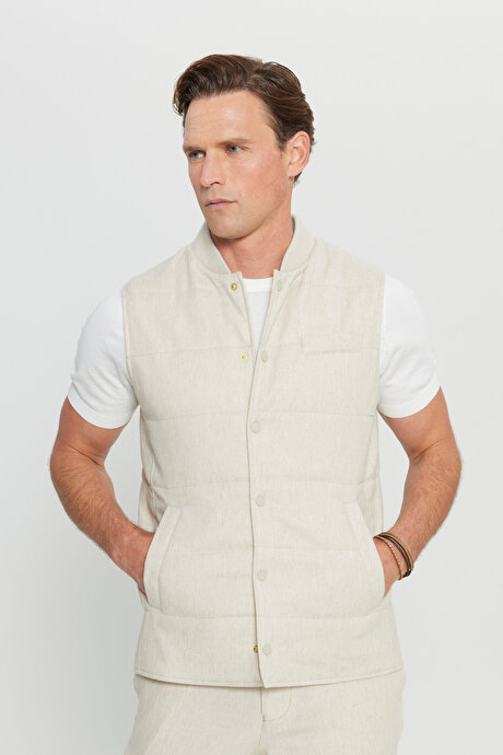 Keten Standart Fit Normal Kesim Dik Yaka Yan Cepli İnce Dolgulu Casual Bej Yelek resmi