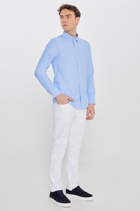 Pamuklu Slim Fit Dar Kesim Gant Yaka Oxford Mavi Gömlek resmi