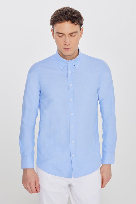Pamuklu Slim Fit Dar Kesim Gant Yaka Oxford Mavi Gömlek resmi