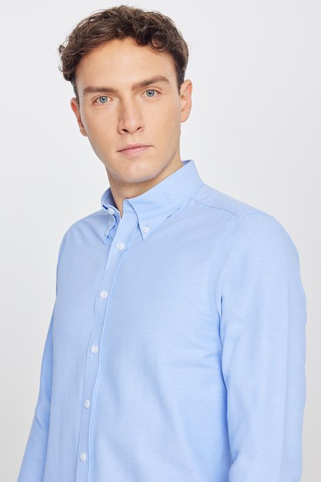 Pamuklu Slim Fit Dar Kesim Gant Yaka Oxford Mavi Gömlek resmi