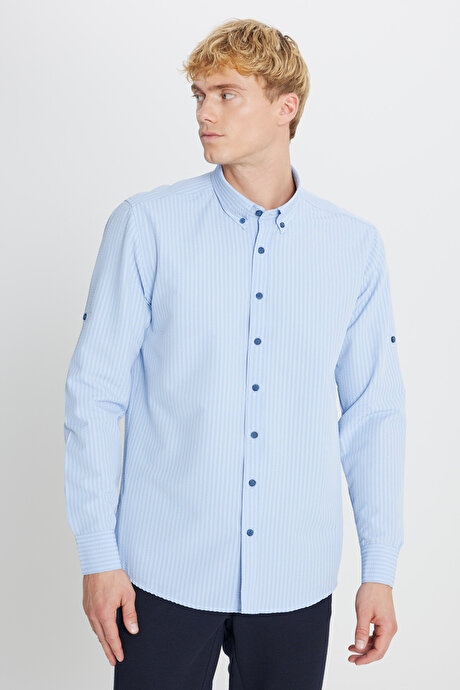 Tailored Slim Fit Dar Kesim Düğmeli Yaka Gofre Desenli Lacivert Gömlek resmi