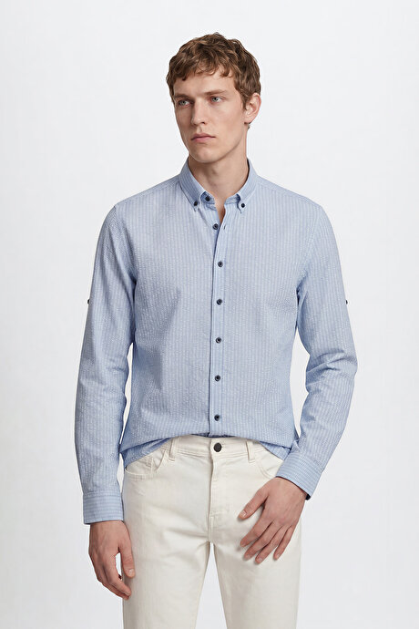 Tailored Slim Fit Dar Kesim Düğmeli Yaka Gofre Desenli Lacivert Gömlek resmi