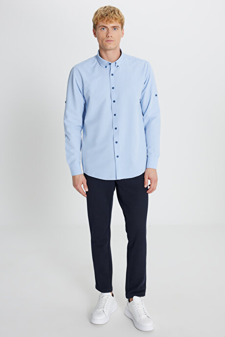 Tailored Slim Fit Dar Kesim Düğmeli Yaka Gofre Desenli Lacivert Gömlek resmi