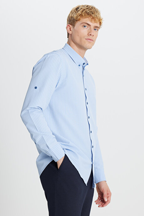 Tailored Slim Fit Dar Kesim Düğmeli Yaka Gofre Desenli Lacivert Gömlek resmi