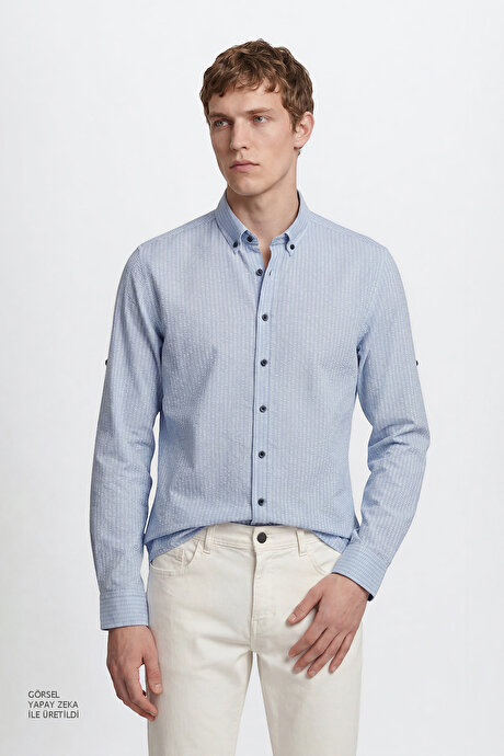 Tailored Slim Fit Dar Kesim Düğmeli Yaka Gofre Desenli Lacivert Gömlek resmi