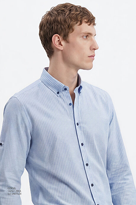 Tailored Slim Fit Dar Kesim Düğmeli Yaka Gofre Desenli Lacivert Gömlek resmi