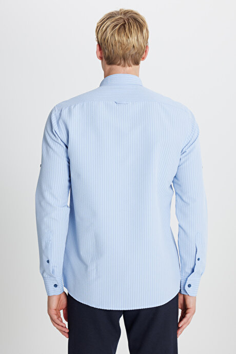 Tailored Slim Fit Dar Kesim Düğmeli Yaka Gofre Desenli Lacivert Gömlek resmi