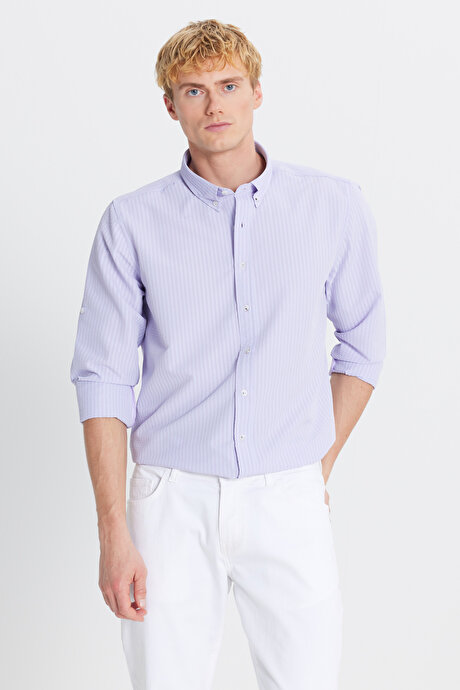 Tailored Slim Fit Dar Kesim Düğmeli Yaka Gofre Desenli Lila Gömlek resmi