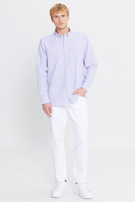 Tailored Slim Fit Dar Kesim Düğmeli Yaka Gofre Desenli Lila Gömlek resmi