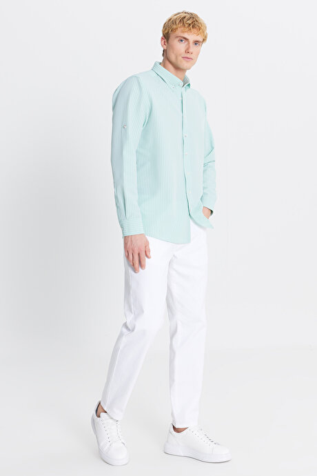 Tailored Slim Fit Dar Kesim Düğmeli Yaka Gofre Desenli Mint Gömlek resmi