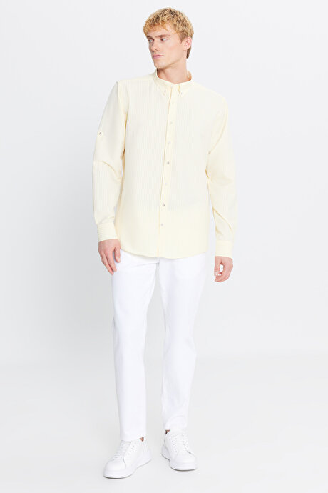 Tailored Slim Fit Dar Kesim Düğmeli Yaka Gofre Desenli Sarı Gömlek resmi