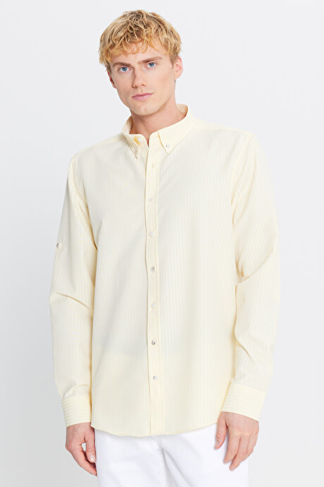 Tailored Slim Fit Dar Kesim Düğmeli Yaka Gofre Desenli Sarı Gömlek resmi