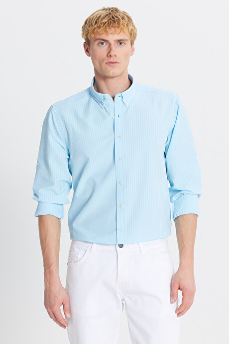 Tailored Slim Fit Dar Kesim Düğmeli Yaka Gofre Desenli Turkuaz Gömlek resmi