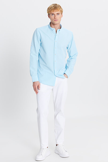 Tailored Slim Fit Dar Kesim Düğmeli Yaka Gofre Desenli Turkuaz Gömlek resmi