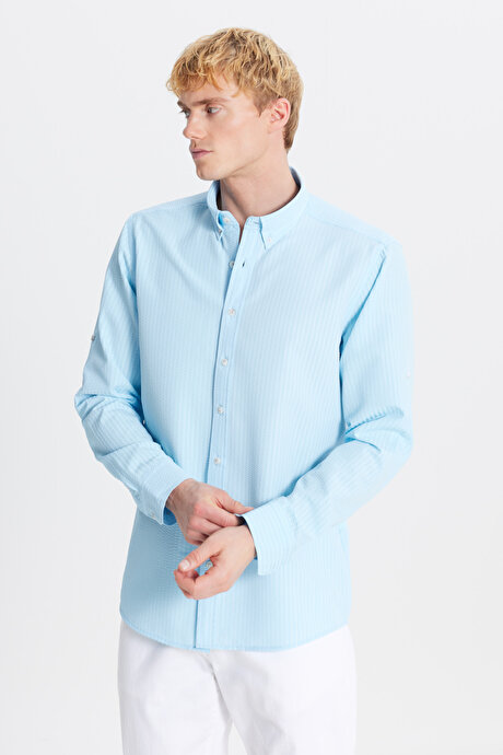 Tailored Slim Fit Dar Kesim Düğmeli Yaka Gofre Desenli Turkuaz Gömlek resmi
