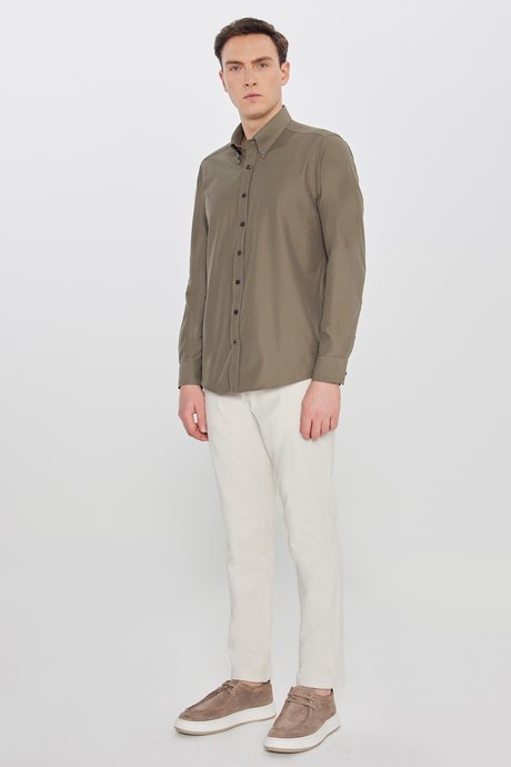 Pamuklu Slim Fit Dar Kesim Gant Yaka Poplin Haki Gömlek resmi