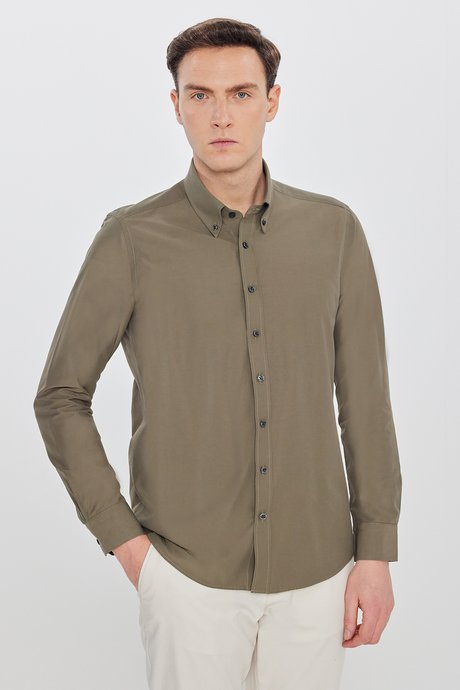 Pamuklu Slim Fit Dar Kesim Gant Yaka Poplin Haki Gömlek resmi