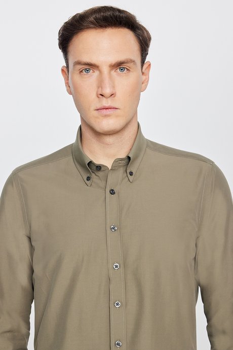 Pamuklu Slim Fit Dar Kesim Gant Yaka Poplin Haki Gömlek resmi