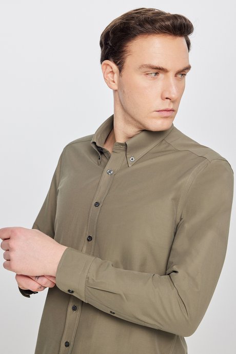 Pamuklu Slim Fit Dar Kesim Gant Yaka Poplin Haki Gömlek resmi