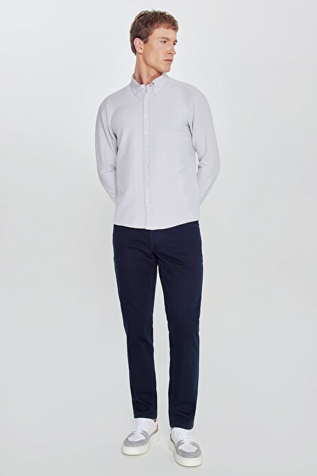Slim Fit Dar Kesim Düğmeli Yaka Gofre Desenli Gri Gömlek resmi