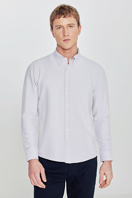 Slim Fit Dar Kesim Düğmeli Yaka Gofre Desenli Gri Gömlek resmi