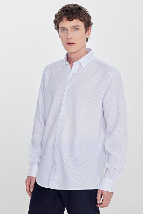 Keten Slim Fit Dar Kesim Düğmeli Yaka Çizgili Beyaz-Açık Mavi Gömlek resmi