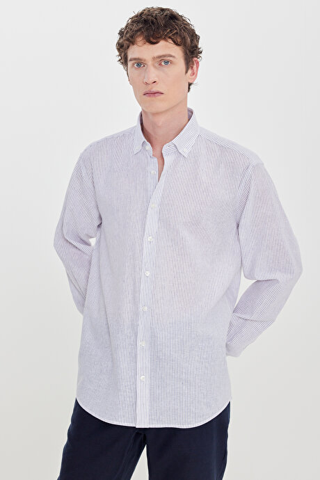 Keten Slim Fit Dar Kesim Düğmeli Yaka Çizgili Beyaz-Lacivert Gömlek resmi