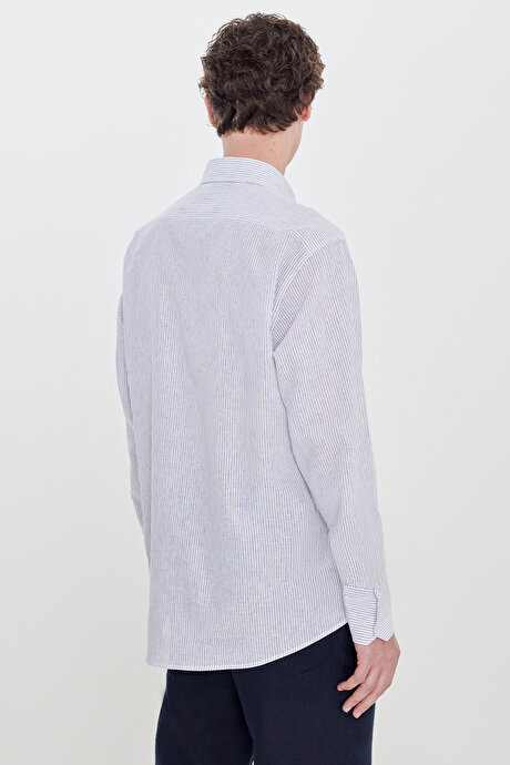 Keten Slim Fit Dar Kesim Düğmeli Yaka Çizgili Beyaz-Lacivert Gömlek resmi