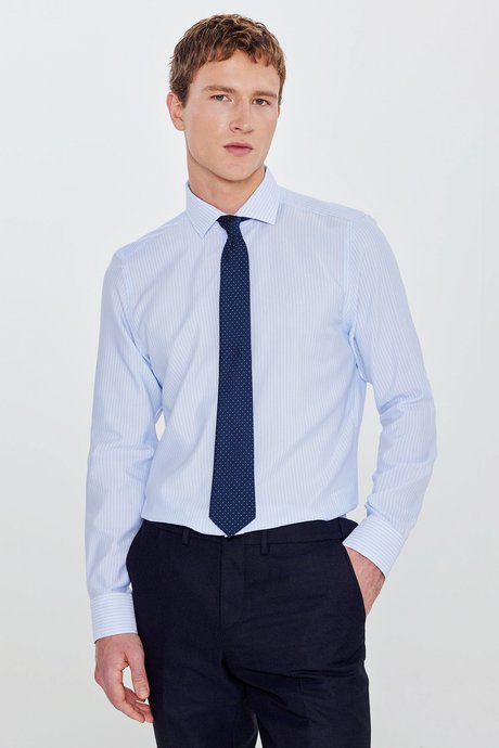 Pamuklu Slim Fit Dar Kesim İtalyan Yaka Oxford A.Mavi-Beyaz Gömlek resmi