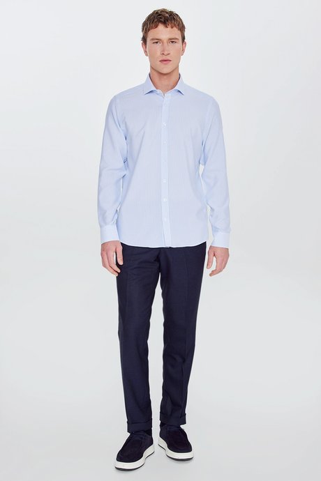 Pamuklu Slim Fit Dar Kesim İtalyan Yaka Oxford A.Mavi-Beyaz Gömlek resmi