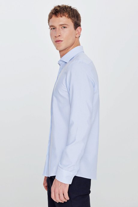 Pamuklu Slim Fit Dar Kesim İtalyan Yaka Oxford A.Mavi-Beyaz Gömlek resmi