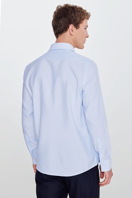 Pamuklu Slim Fit Dar Kesim İtalyan Yaka Oxford A.Mavi-Beyaz Gömlek resmi