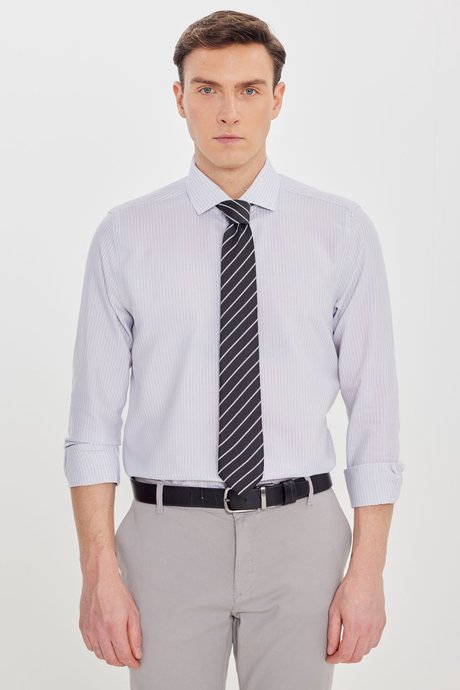 Pamuklu Slim Fit Dar Kesim İtalyan Yaka Oxford Gri-Beyaz Gömlek resmi