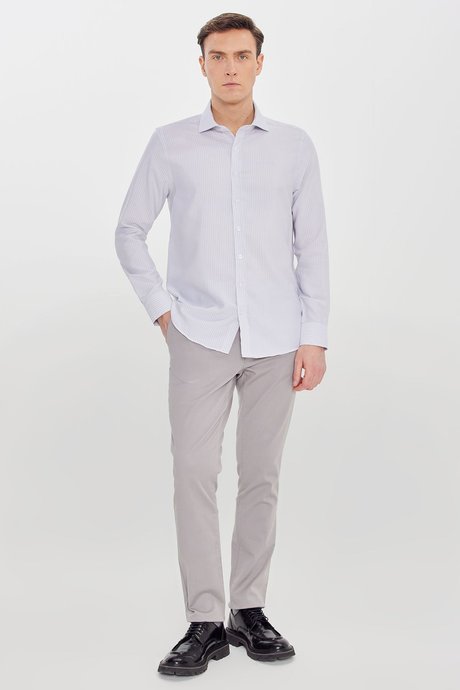 Pamuklu Slim Fit Dar Kesim İtalyan Yaka Oxford Gri-Beyaz Gömlek resmi