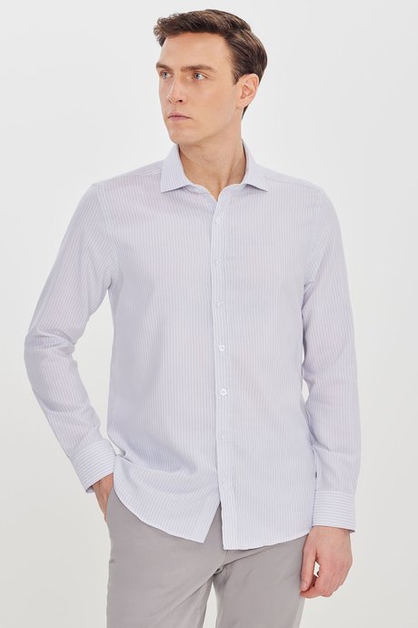 Pamuklu Slim Fit Dar Kesim İtalyan Yaka Oxford Gri-Beyaz Gömlek resmi