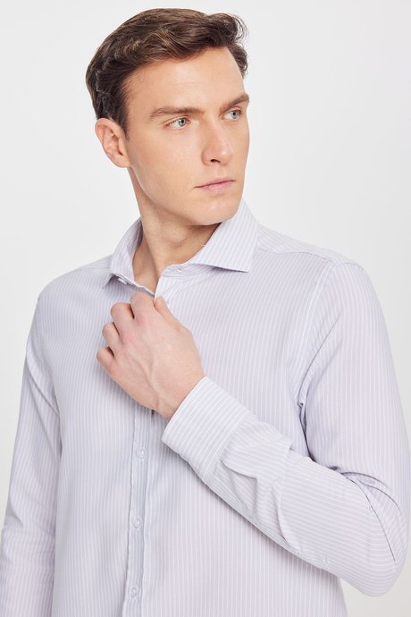 Pamuklu Slim Fit Dar Kesim İtalyan Yaka Oxford Gri-Beyaz Gömlek resmi